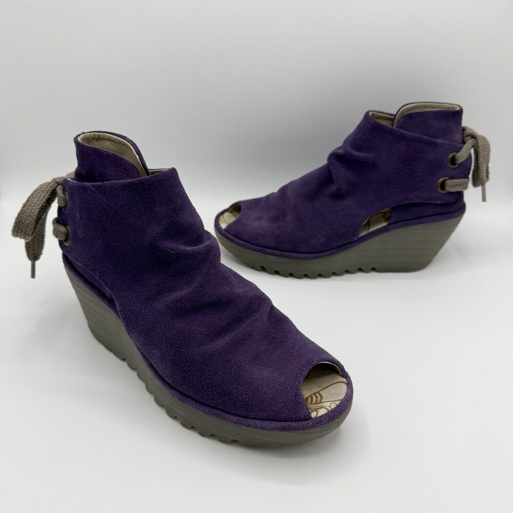 Fly London Purple Oil Suede Yema Wedge Peep Toe Bootie Size 37 / US 6 - 6.5